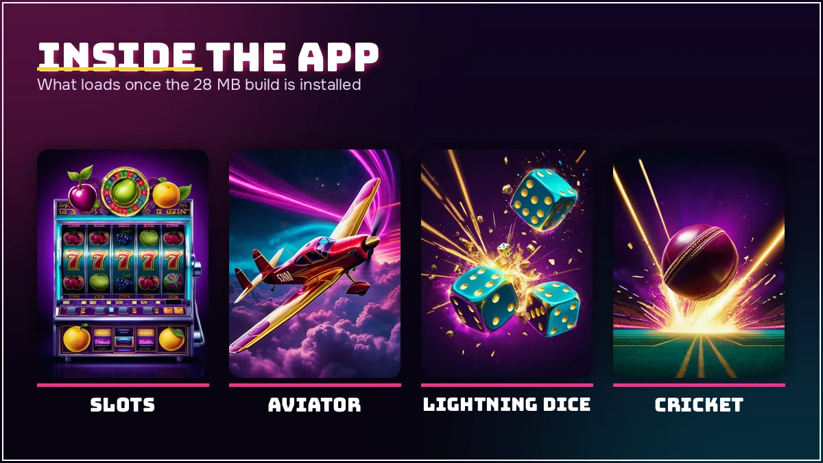 Game tiles that open after the PlayinMatch app download, including Aviator, Teen Patti and Dragon Tiger