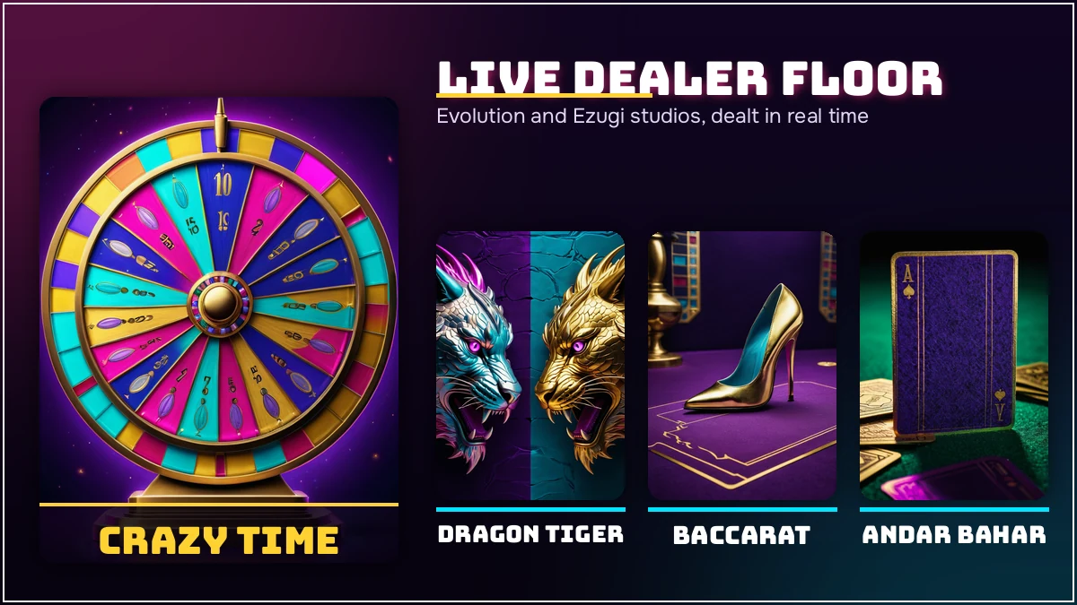 PlayinMatch casino game cards for Teen Patti, Andar Bahar, Dragon Tiger and Lightning Roulette