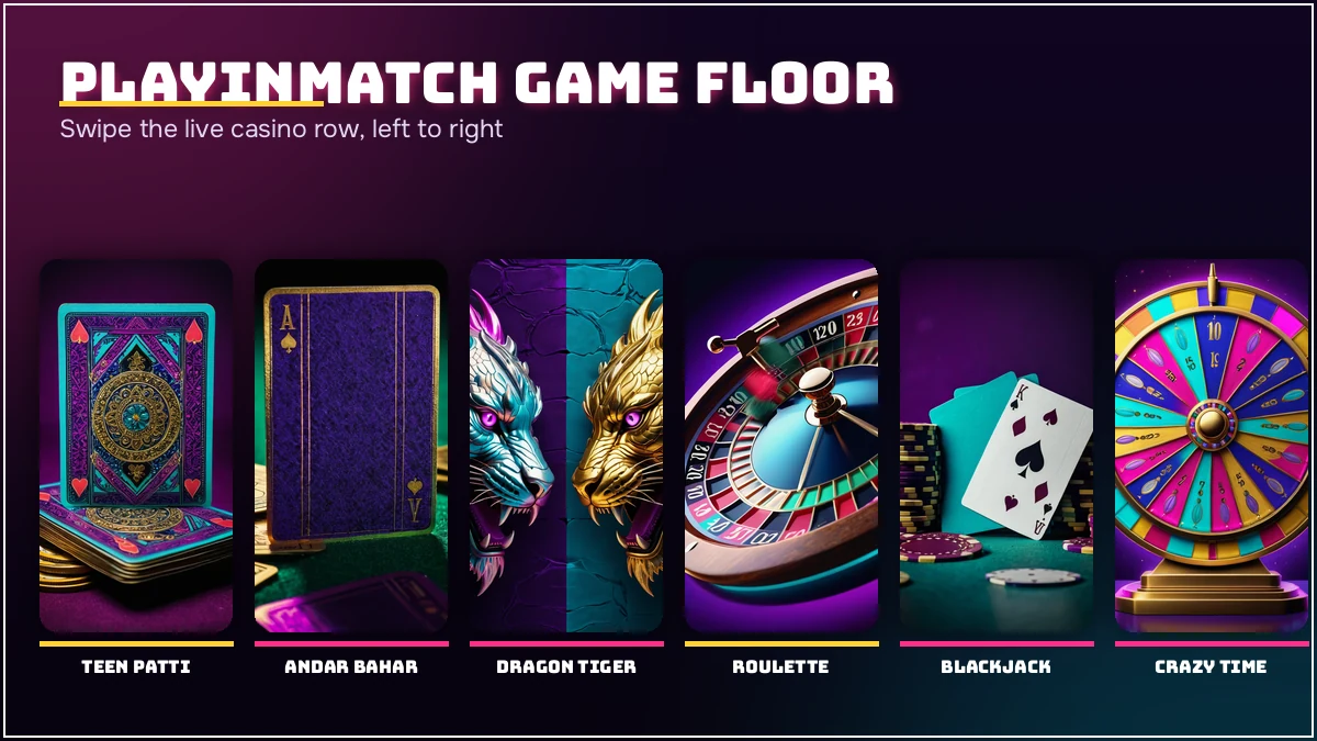 Six PlayinMatch game rooms shown as tiles, from the exchange board to the crash room