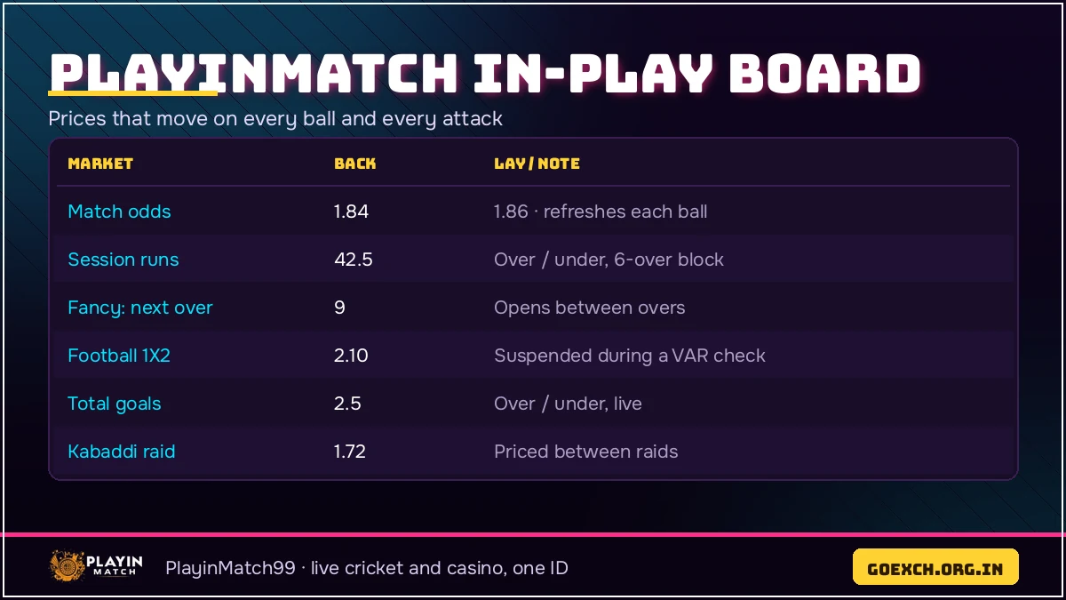 PlayinMatch online live sports odds board showing back and lay columns on a cricket fixture