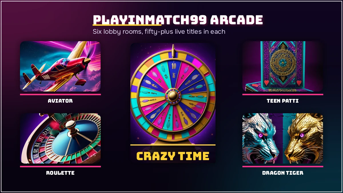 PlayinMatch99 game grid showing Aviator, Teen Patti, Andar Bahar, Dragon Tiger and Crazy Time tiles