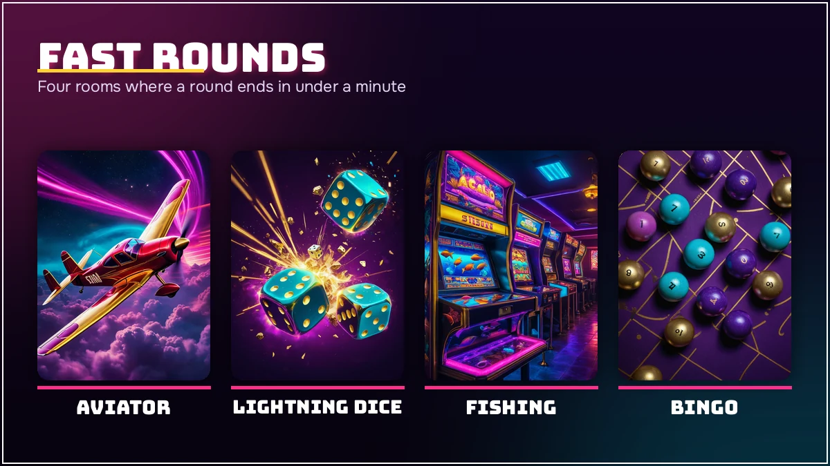 PlayinMatch game rooms where a round finishes in under a minute