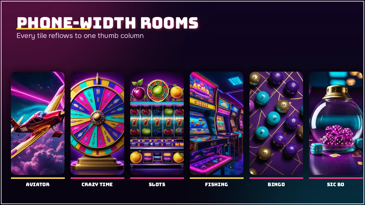 PlayinMatch com mobile game rooms reflowed to a single phone column