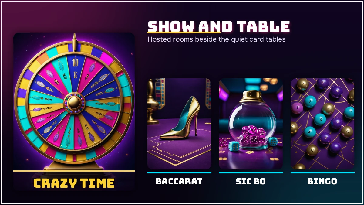 PlayinMatch online hosted game show rooms next to the quiet card tables