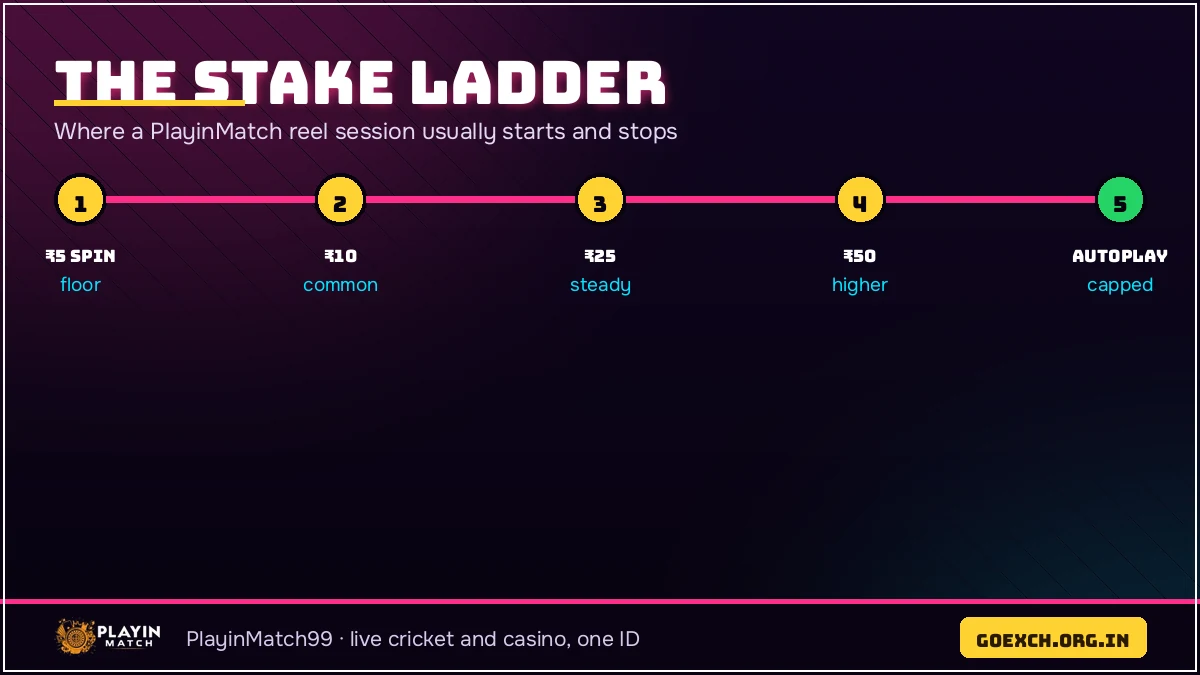 The stake ladder on PlayinMatch com slots, from five rupees upward